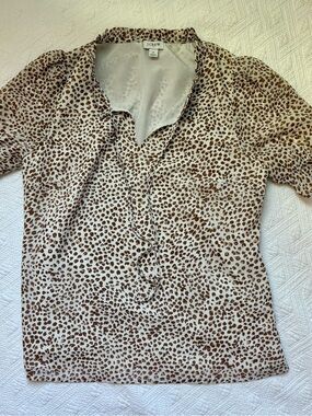 J. Crew Cream and Brown Leopard Print Ruffle V-Neck Blouse